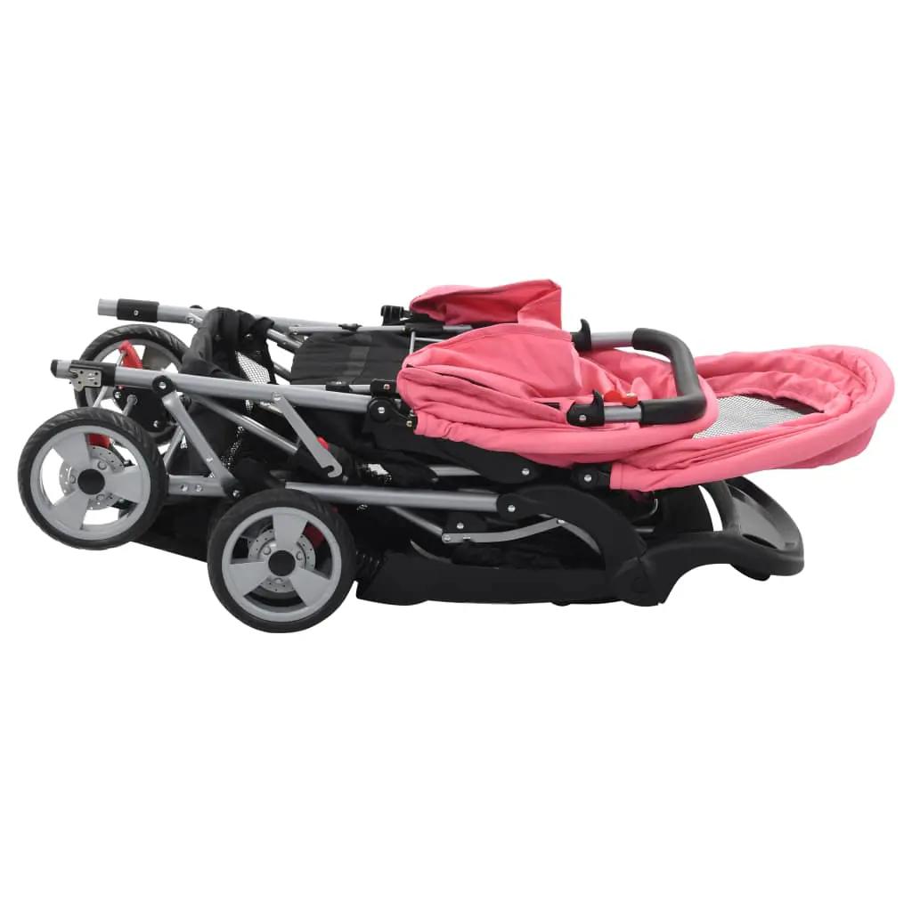 Kinderwagen dubbel staal roze en zwart (4)