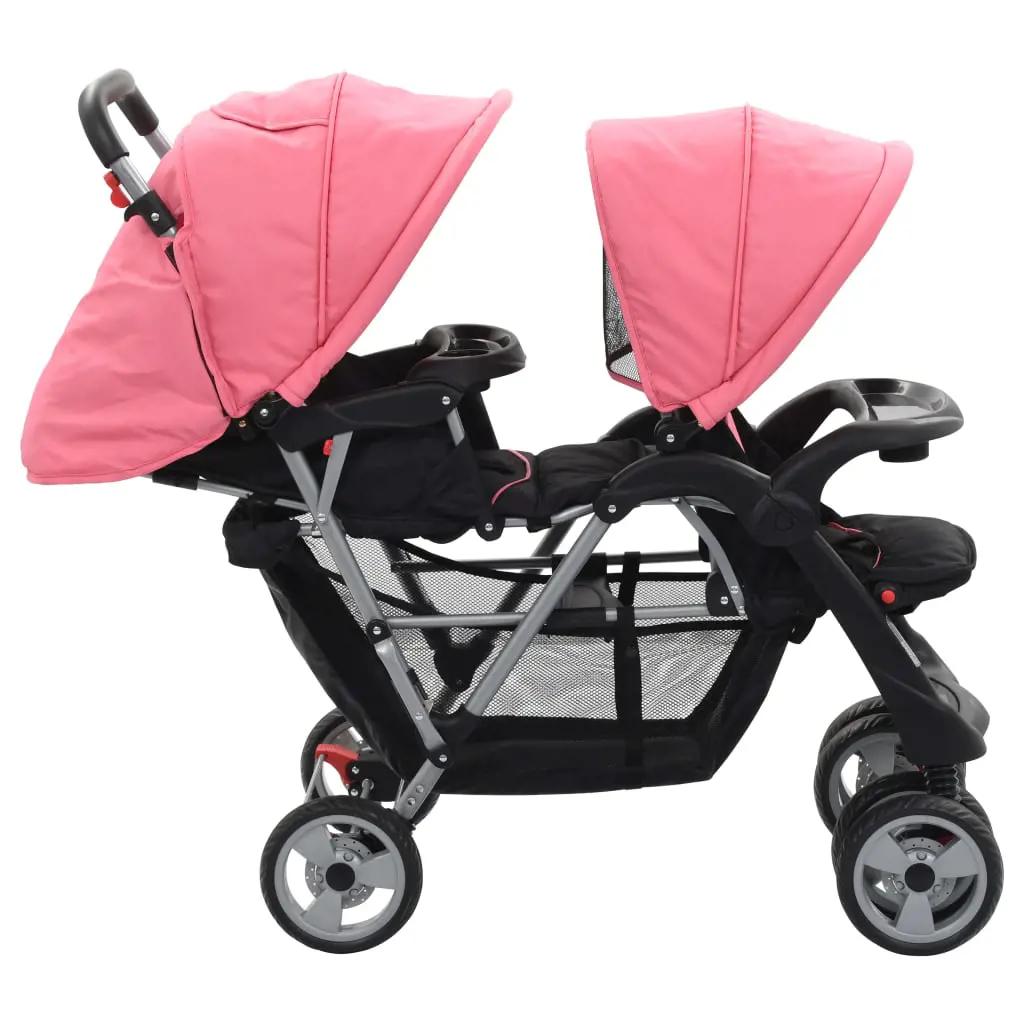 Kinderwagen dubbel staal roze en zwart (3)