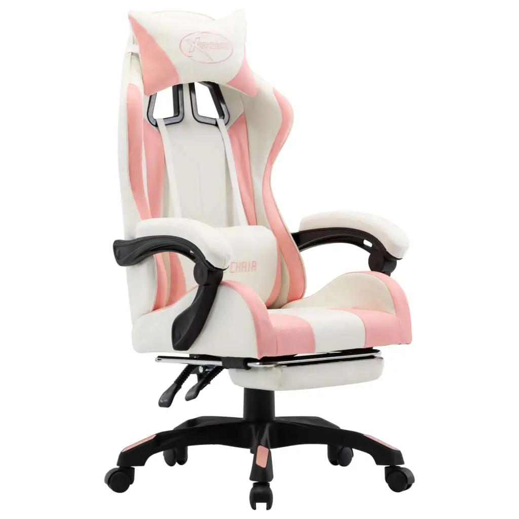 Racestoel met voetensteun kunstleer roze en wit (1)
