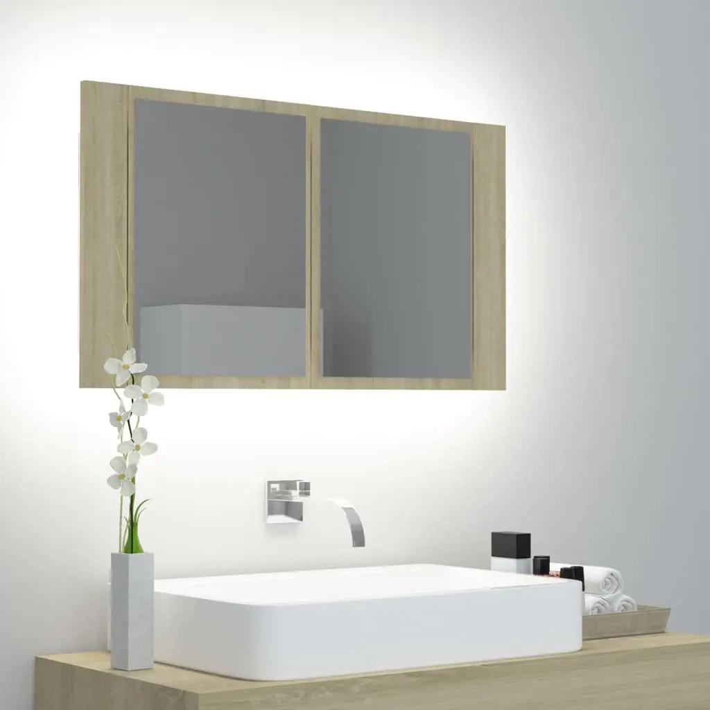 Badkamerkast met spiegel LED 80x12x45 acryl sonoma eikenkleurig
