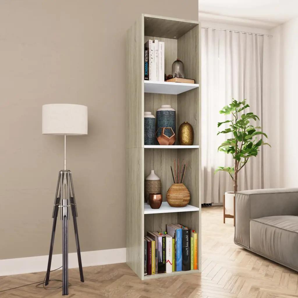Boekenkast/tv-meubel 36x30x143cm bewerkt hout wit en eikenkleur
