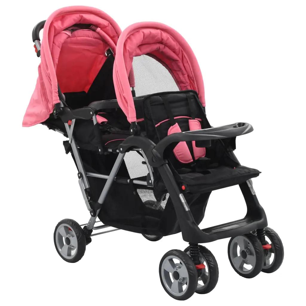 Kinderwagen dubbel staal roze en zwart (2)