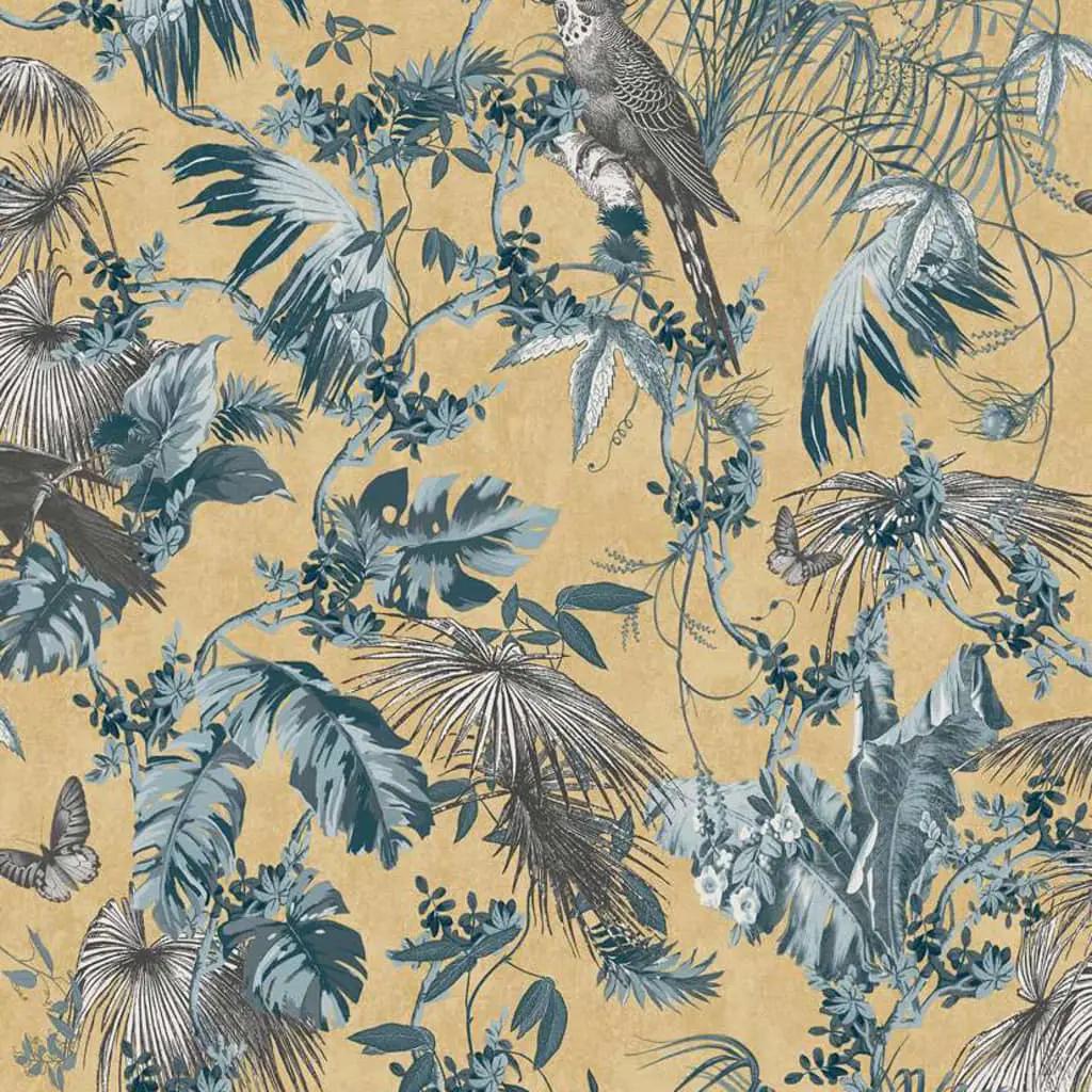 DUTCH WALLCOVERINGS Behang bladeren en vogels blauw en goudkleurig (1)