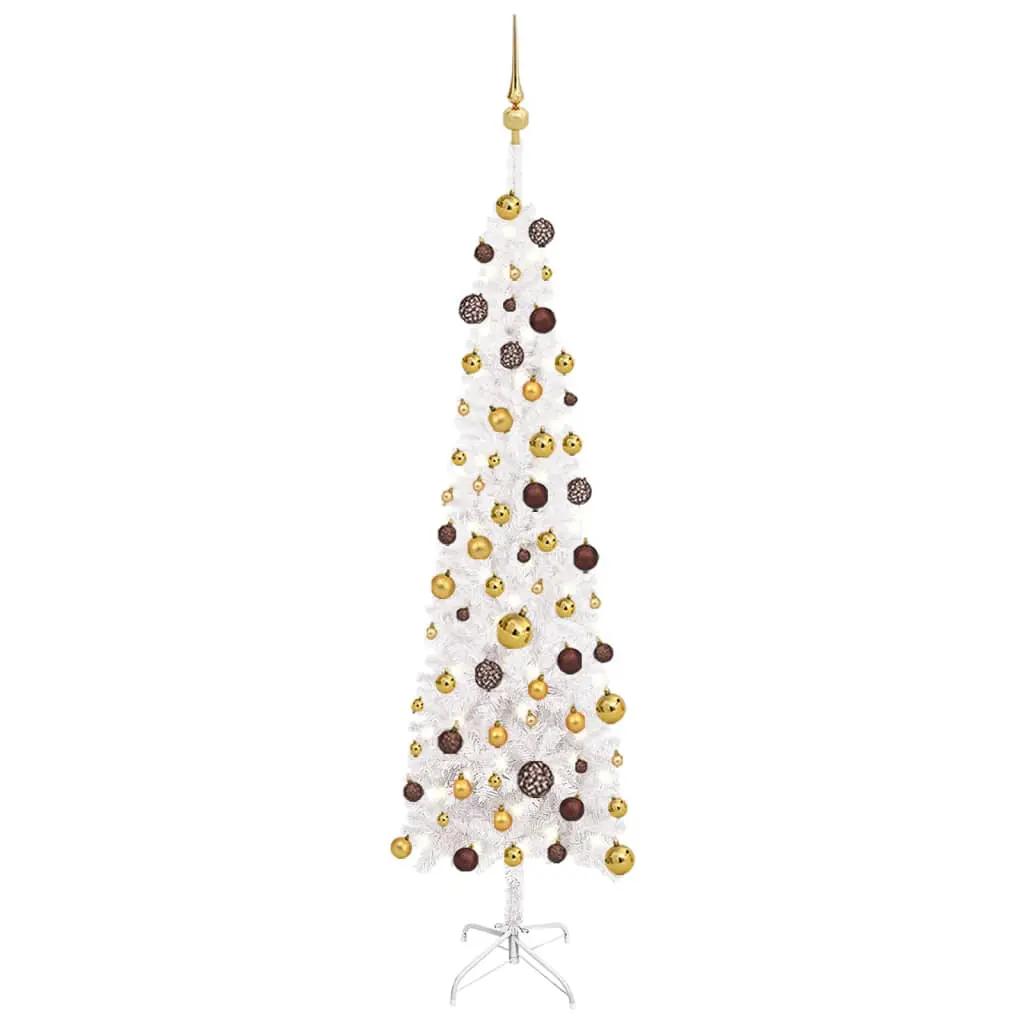 Kerstboom met LED's en kerstballen smal 180 cm wit