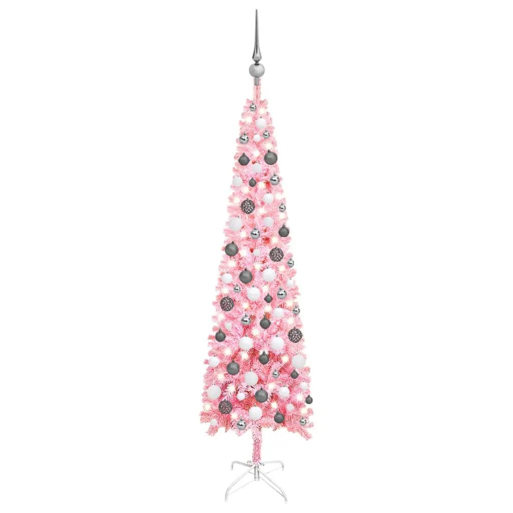 Kerstboom met LED's en kerstballen smal 150 cm roze