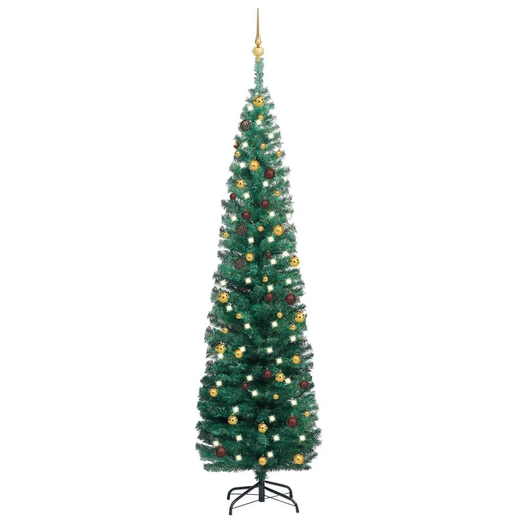 Kunstkerstboom met LED's en kerstballen smal 210 cm groen