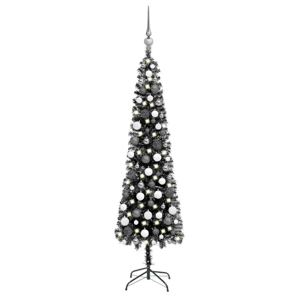Kerstboom met LED's en kerstballen smal 150 cm zwart