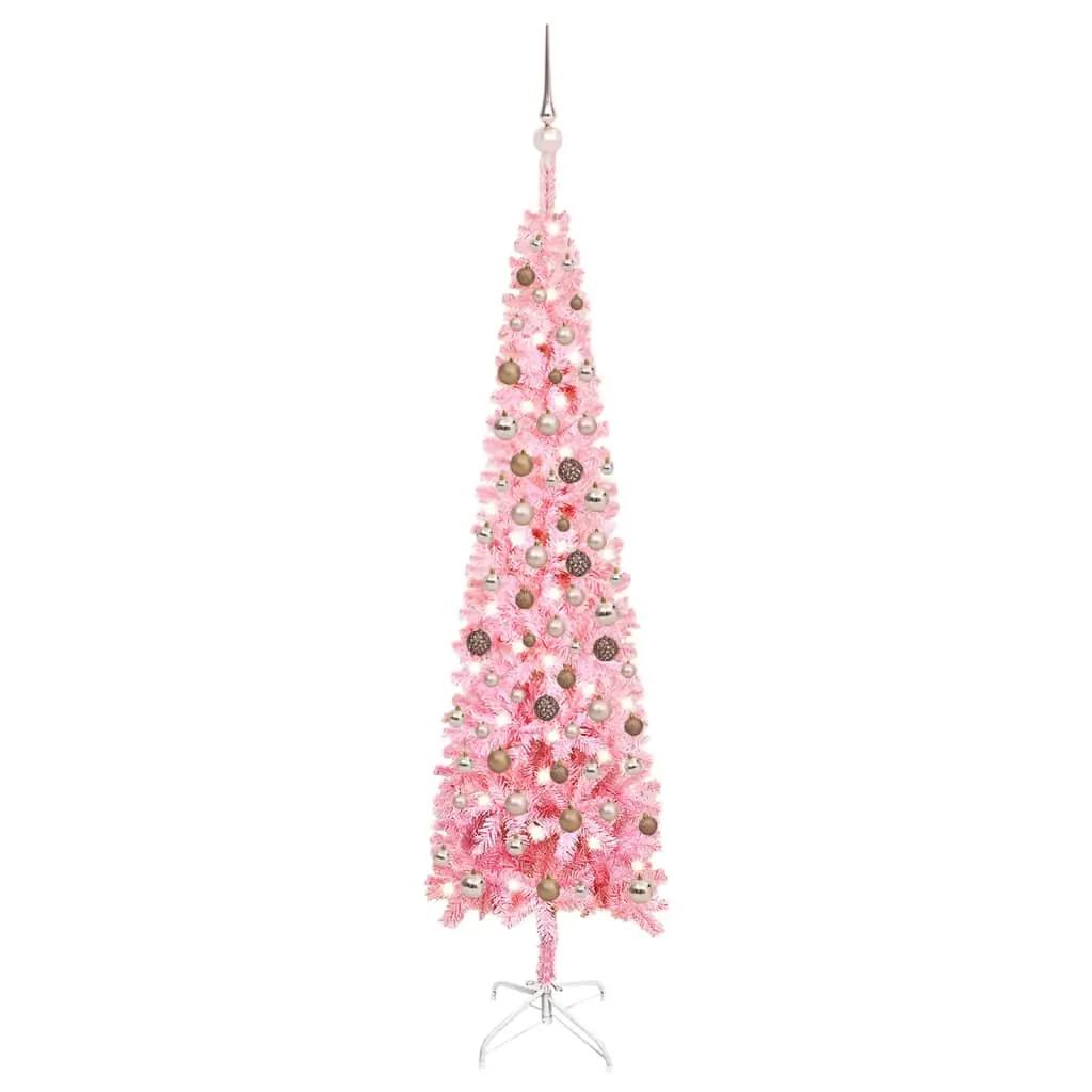 Kerstboom met LED's en kerstballen smal 210 cm roze