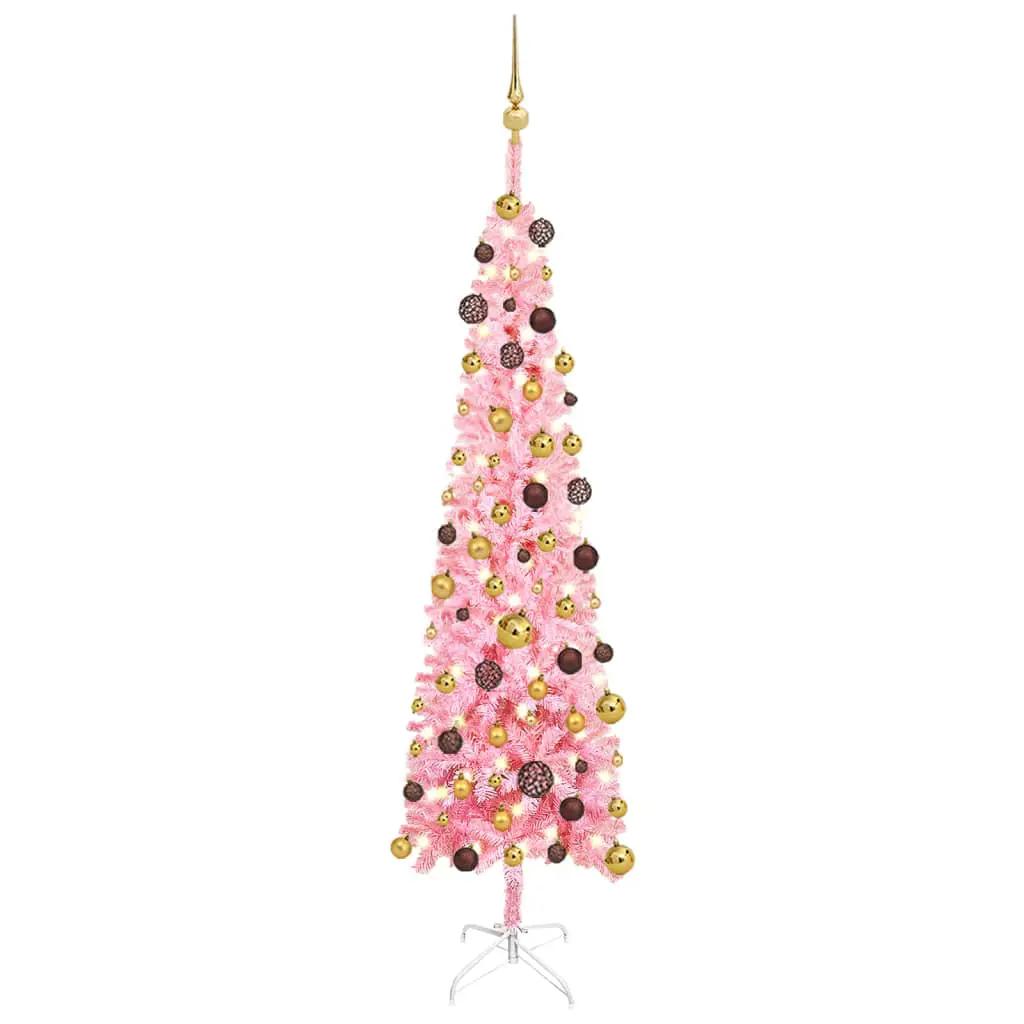 Kerstboom met LED's en kerstballen smal 180 cm roze