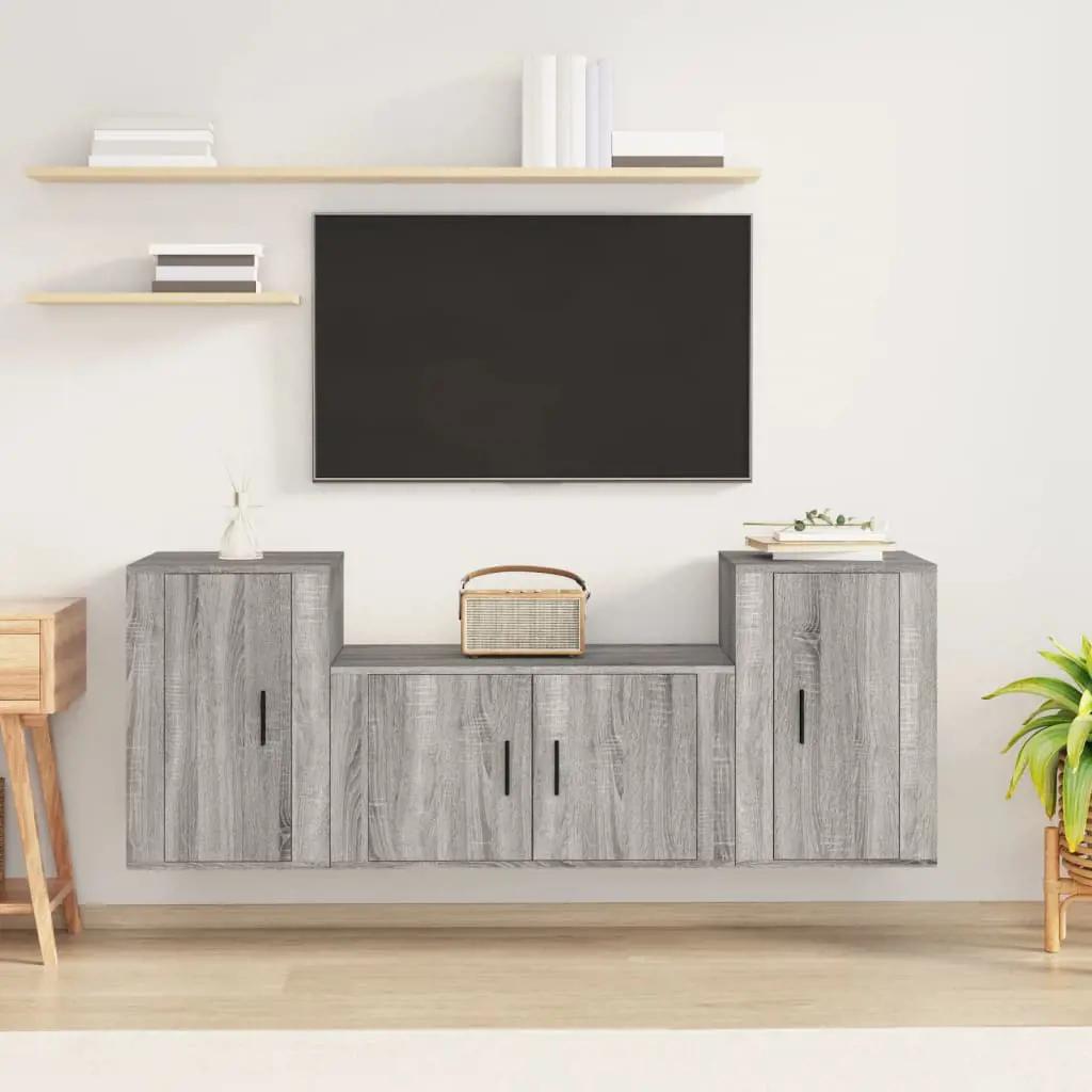 3-delige Tv-meubelset bewerkt hout grijs sonoma eikenkleurig (1)