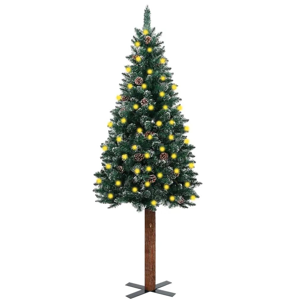 Kerstboom met LED's en hout en witte sneeuw smal 150 cm groen