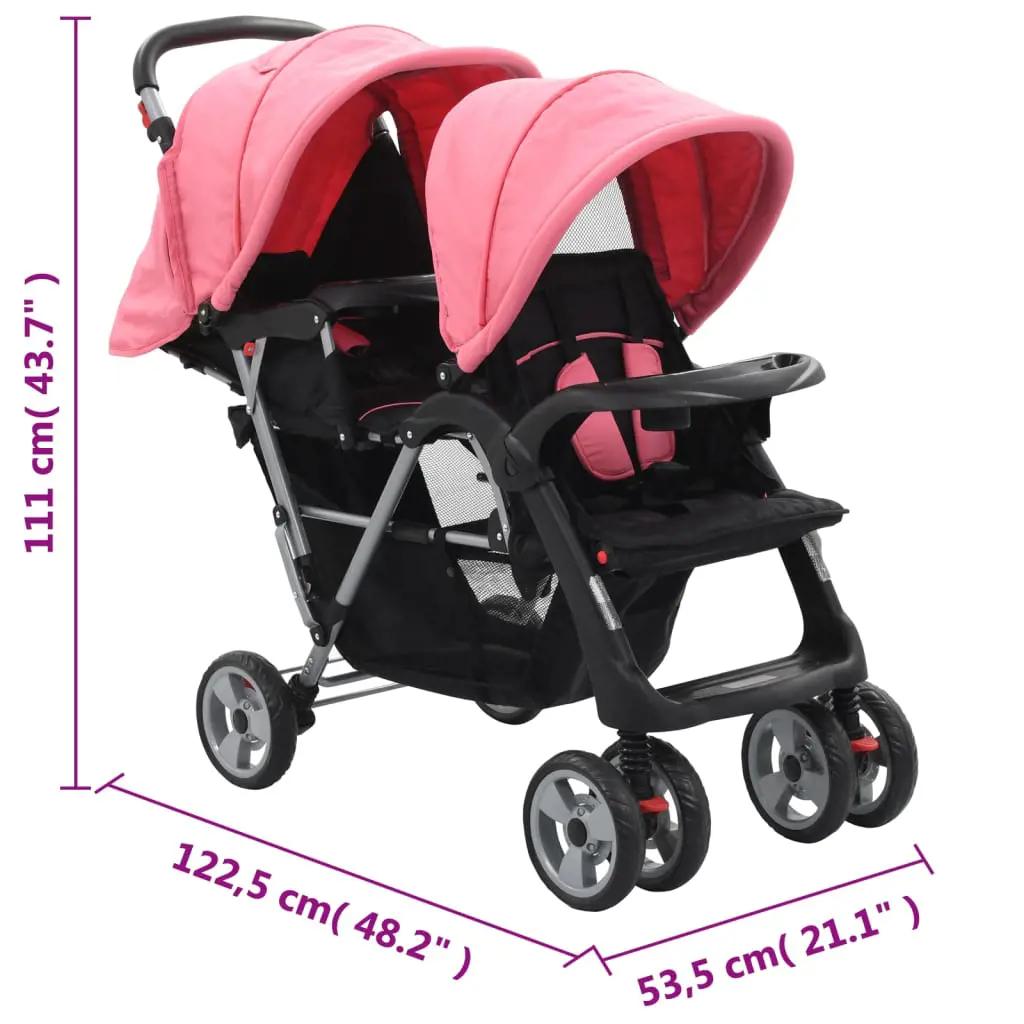 Kinderwagen dubbel staal roze en zwart (10)
