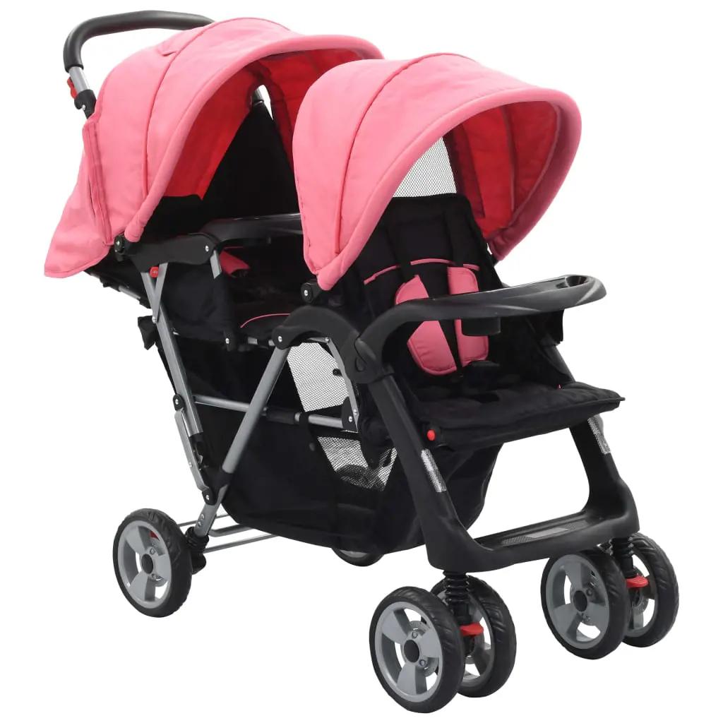 Kinderwagen dubbel staal roze en zwart (1)