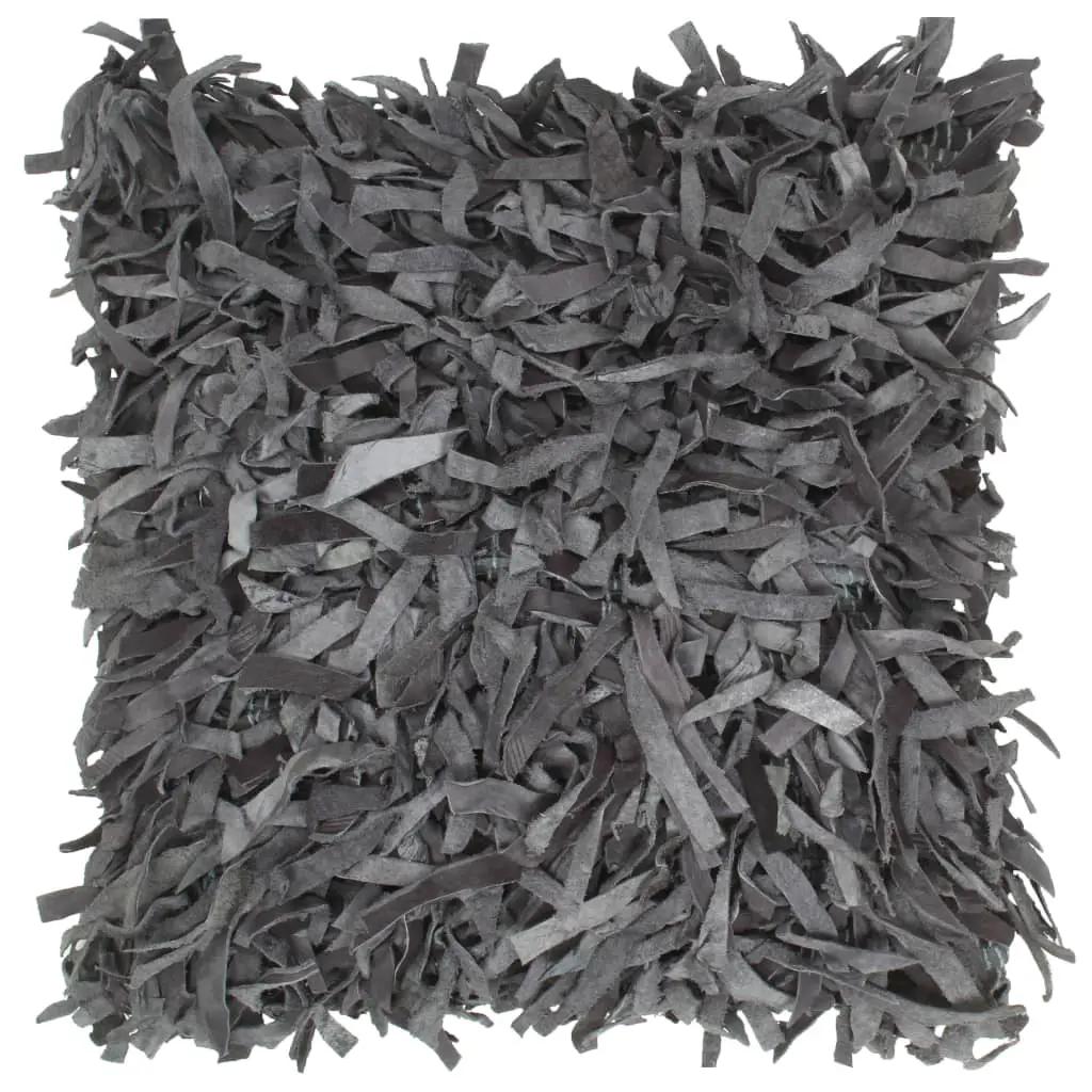Kussen shaggy hoogpolig 60x60 cm leer en katoen grijs (1)